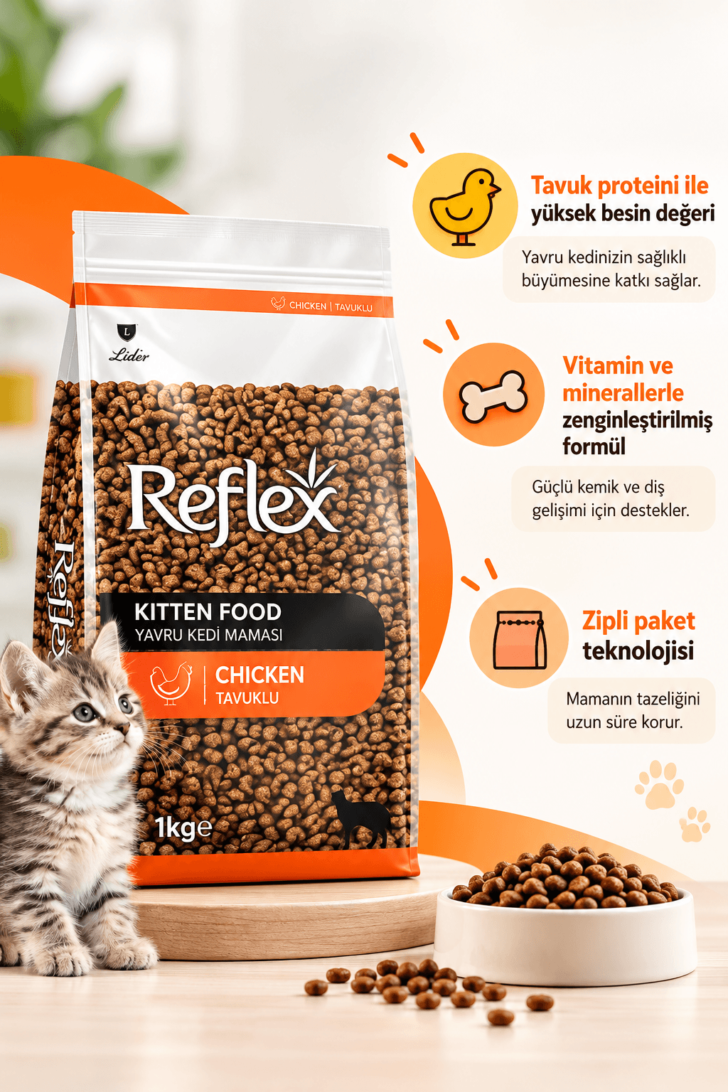 Reflex Tavuklu Yavru Kedi Maması 1 Kg – Yeni Zipli Paket