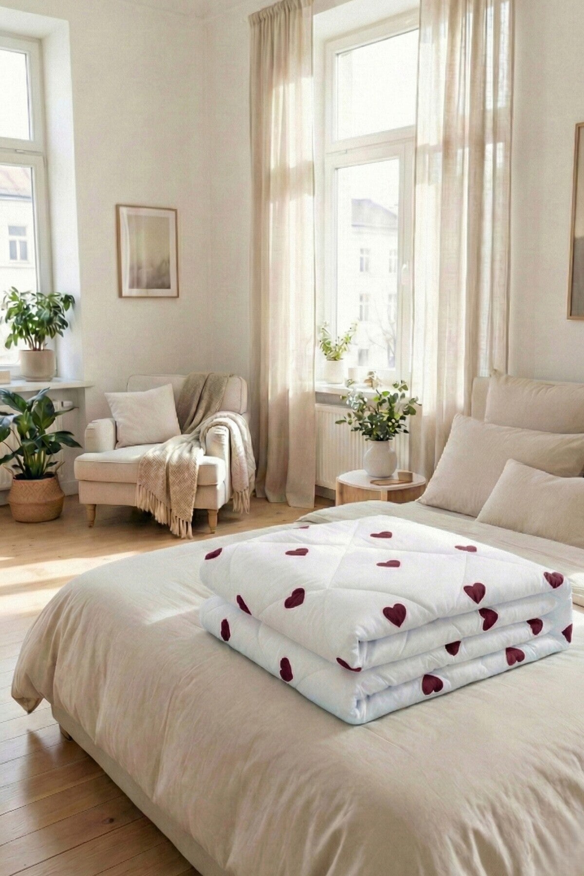 Rivosa Lovely Çift Kişilik Silikon Yorgan - Kalp Desenli Romantik Çeyizlik Yatak Örtüsü Bordo Kalp - 2