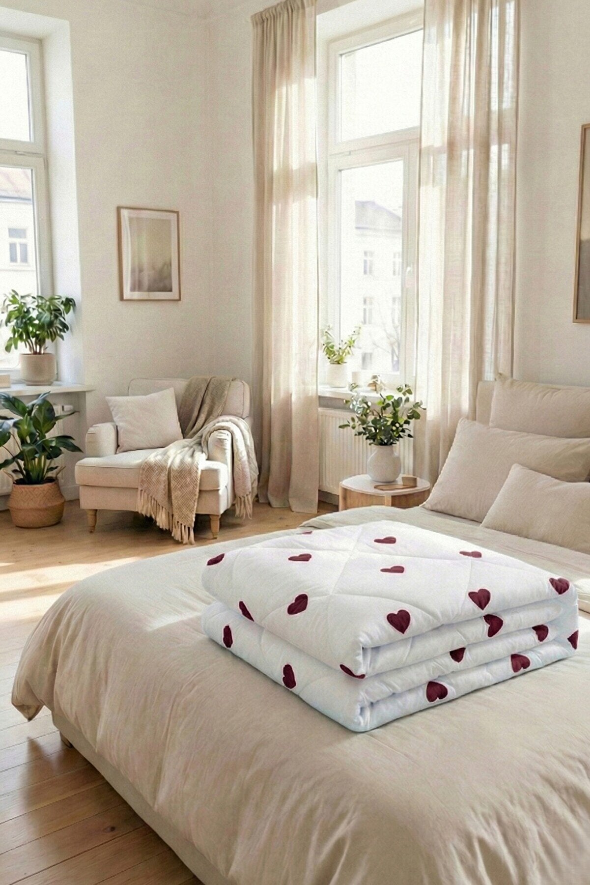 Rivosa Lovely Tek Kişilik Silikon Yorgan - Kalp Desenli Romantik Çeyizlik Yatak Örtüsü Renkli Kalp - 2