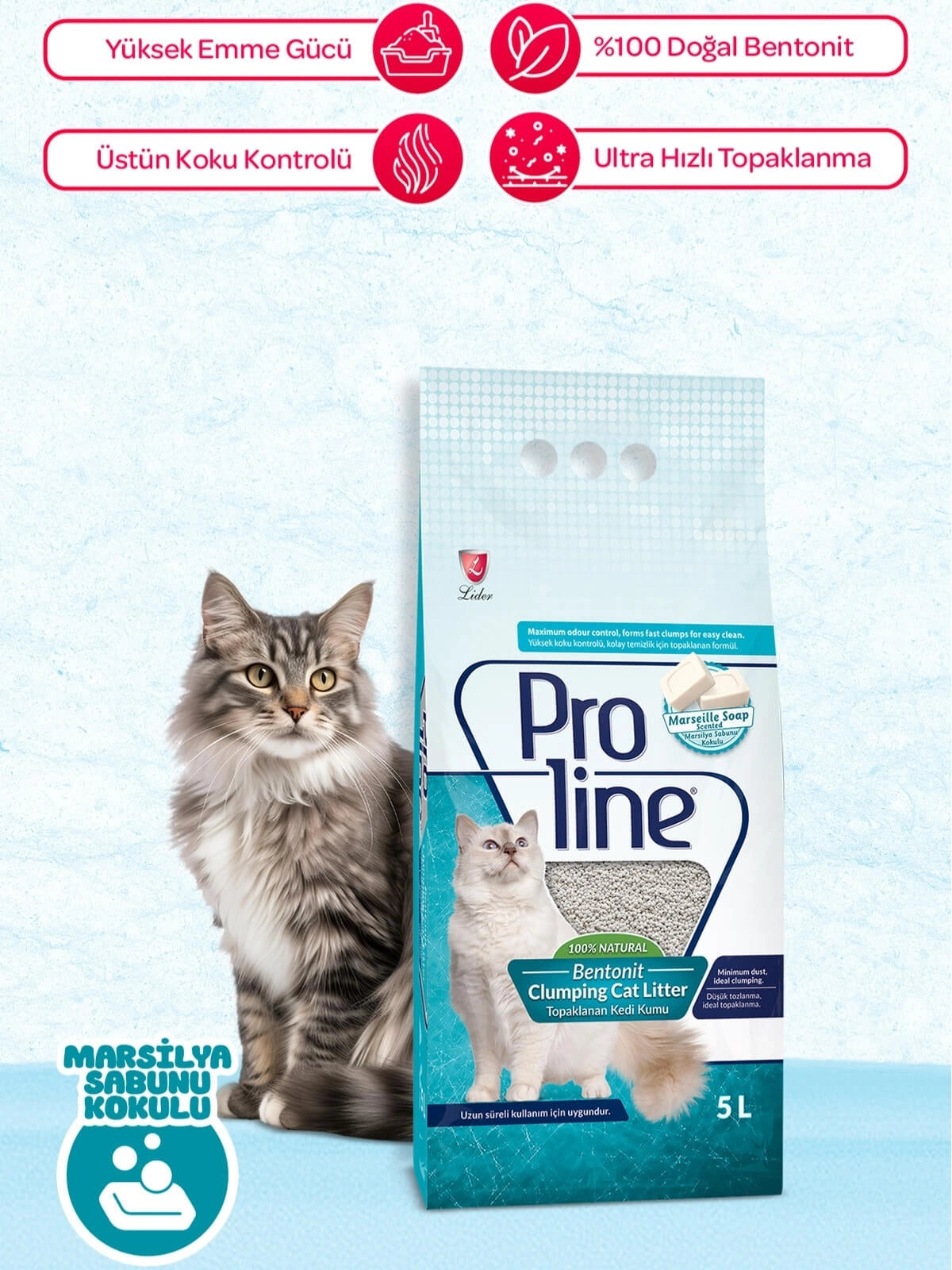 Proline Marsilya Sabunu Kokulu Toplanan İnce Bentonit Kedi Kumu 5 Lt