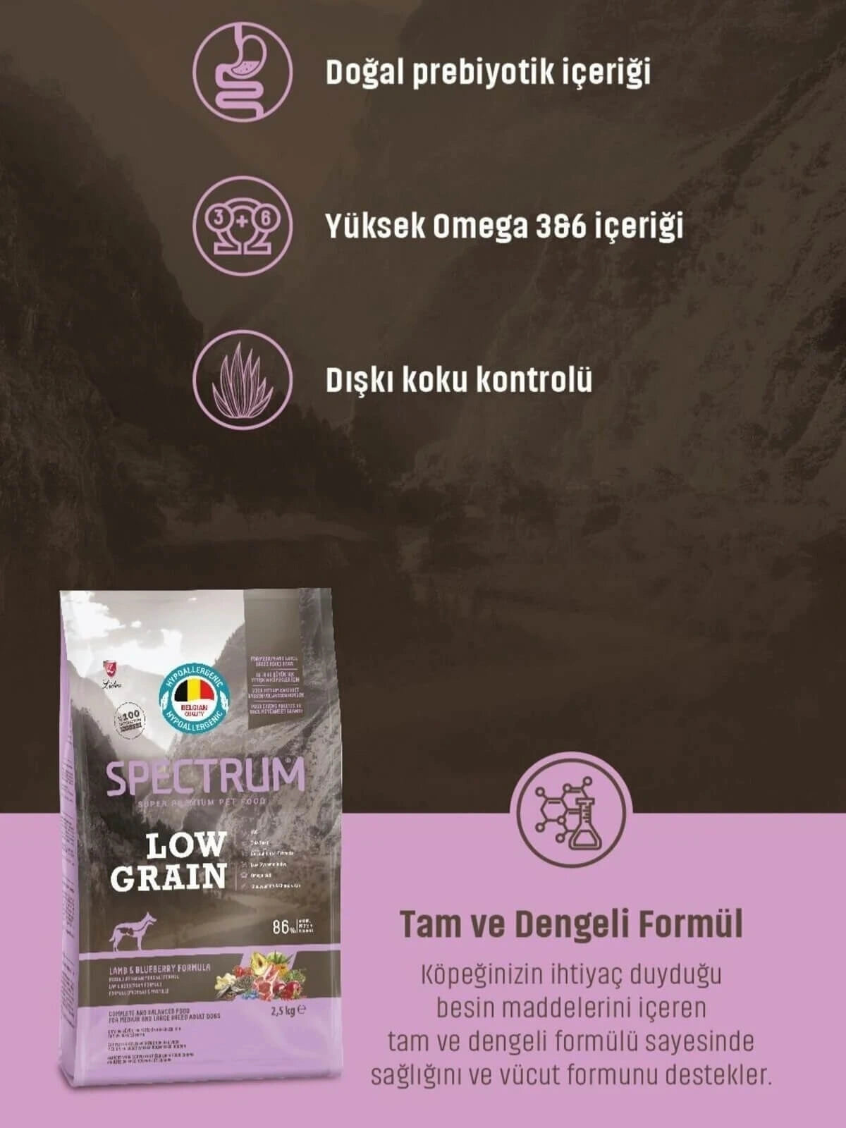 Spectrum Low Grain Kuzu Etli Yaban Mersinli Yetişkin Köpek Maması 12 Kg